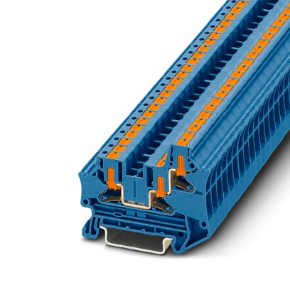 Phoenix Contact Multi-Conductor Terminal Block; PTV 4-TWIN BU ; 30A; 600V; 1-Level; #24 - #10; Push-In - Horizontal Entry Connection; Blue